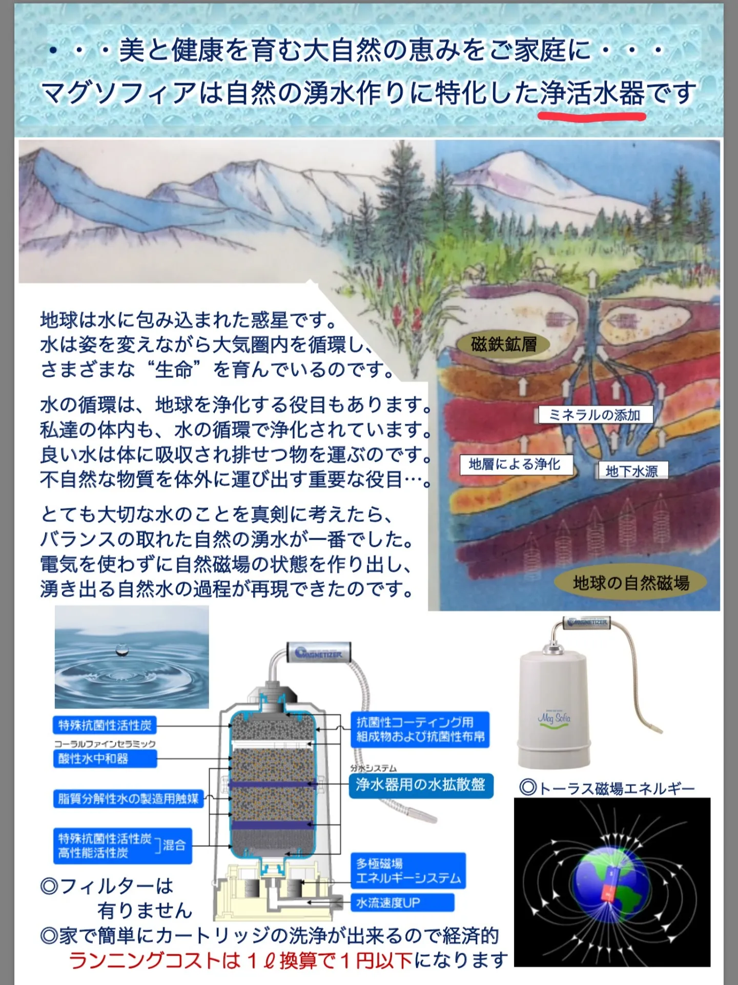 電源不要の浄活水器